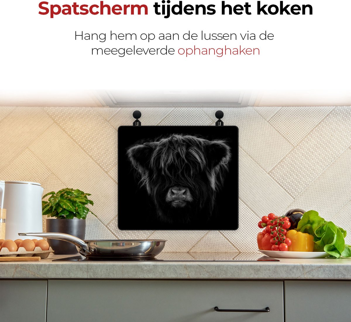 Spatscherm beschermer Schotse hooglander aan de muur tijdens het koken 